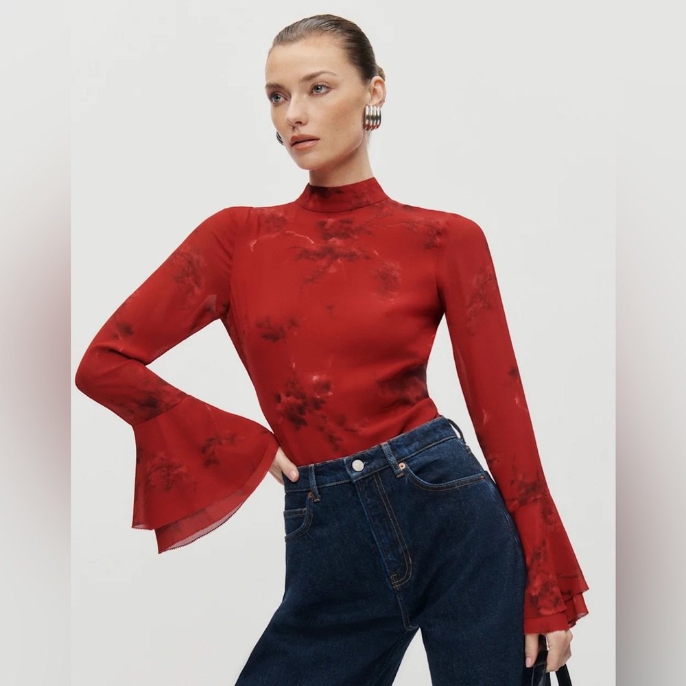 Reformation Roxana Red Mock-Neck Bell Sleeve Top